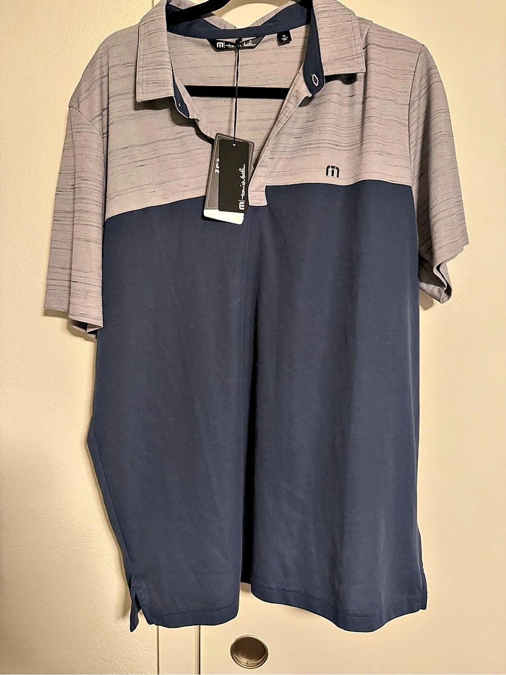 NWT TravisMathew Polo Color Block in Blue & Gray XL